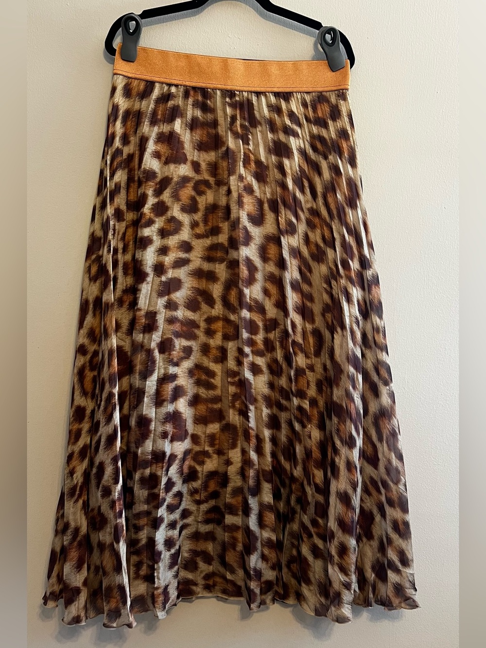 LUISA CERANO Pleated Leopard Print Midi Skirt with Contrast Waistband US 12